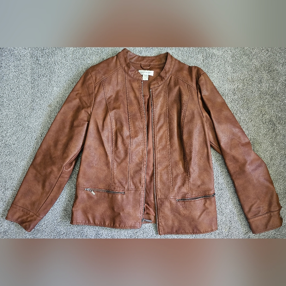 Christopher & Banks Brown Leather Jacket Classic Collarless Design